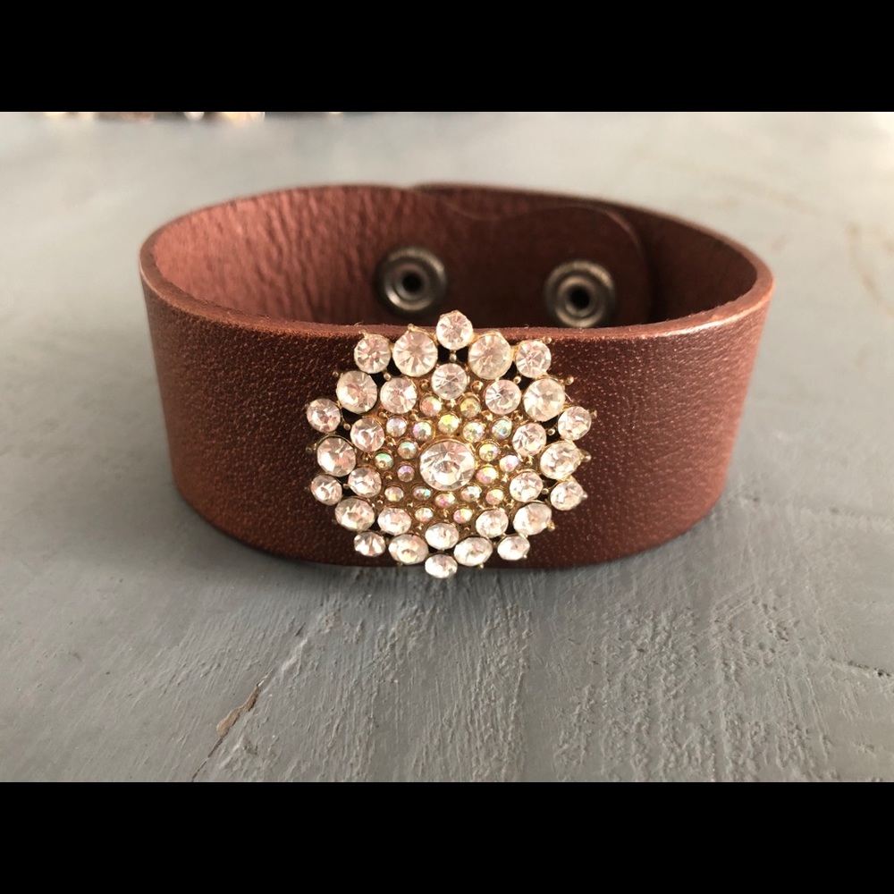 STUNNING Handmade Leather Cuff w/ Rhinestone Decor